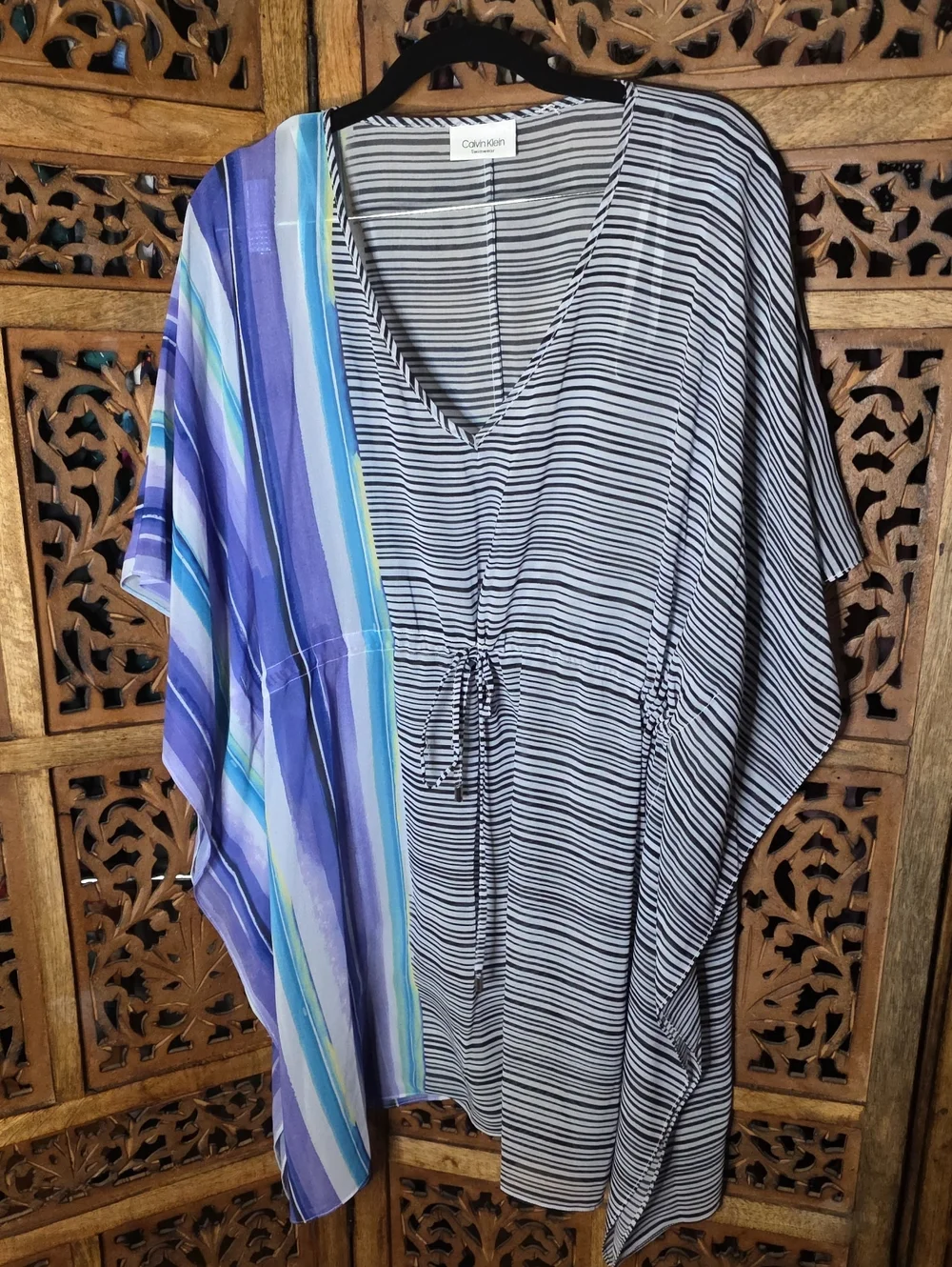Calvin Klein Black & White Striped Swim Cover-Up with Purple Blue Stripe Panel